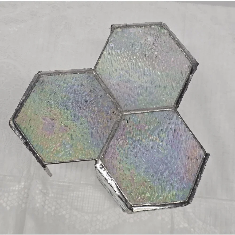Vintage 3-slots Stained Glass Iridescent Bottom Modernist Votive Candle Holder